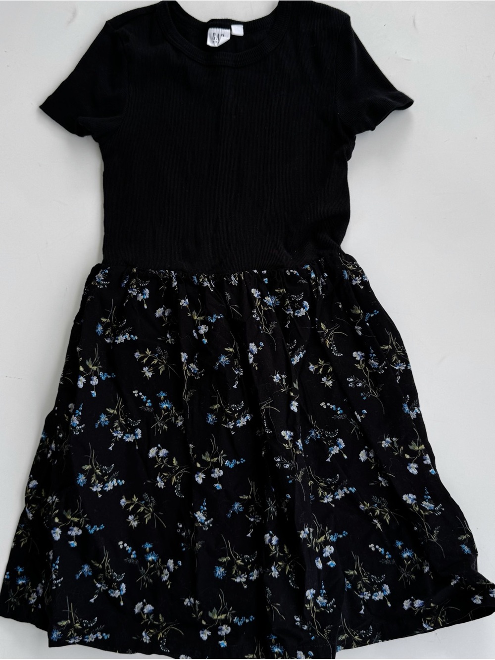 GAP Black Short-Sleeve Dress with Blue Floral Skirt